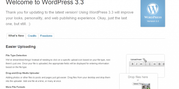 WordPress 3.3 welcome screen