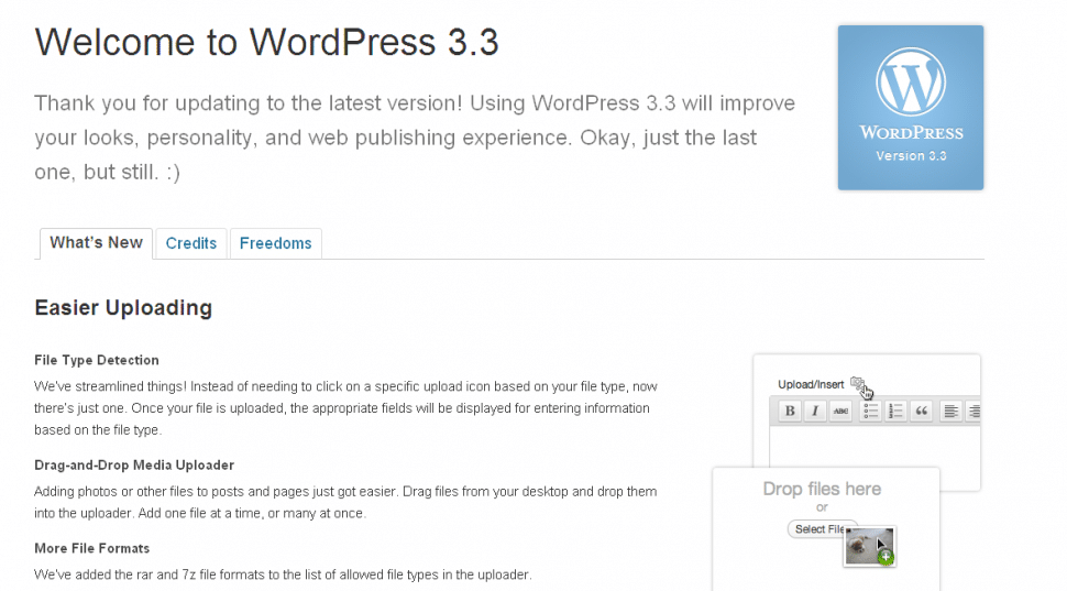 WordPress 3.3 welcome screen