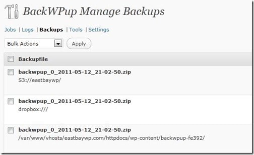 BackWPUp list of backups