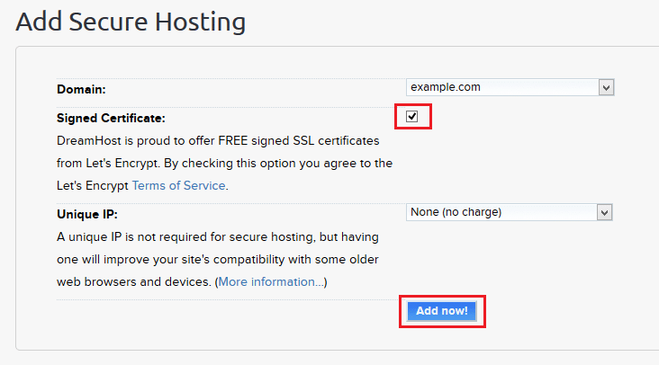 Add SSL through DreamHost control panel