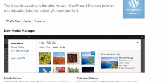 Screenshot of WordPress 3.5 welcome screen showing media manager