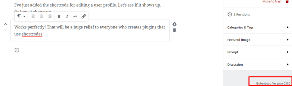 Gutenberg editor screen showing version number