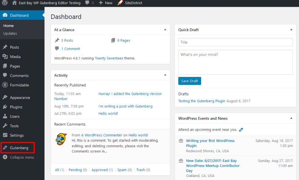 Dashboard for author-level user on Gutenberg Test Site, showing the position of Gutenberg in the Admin Menu