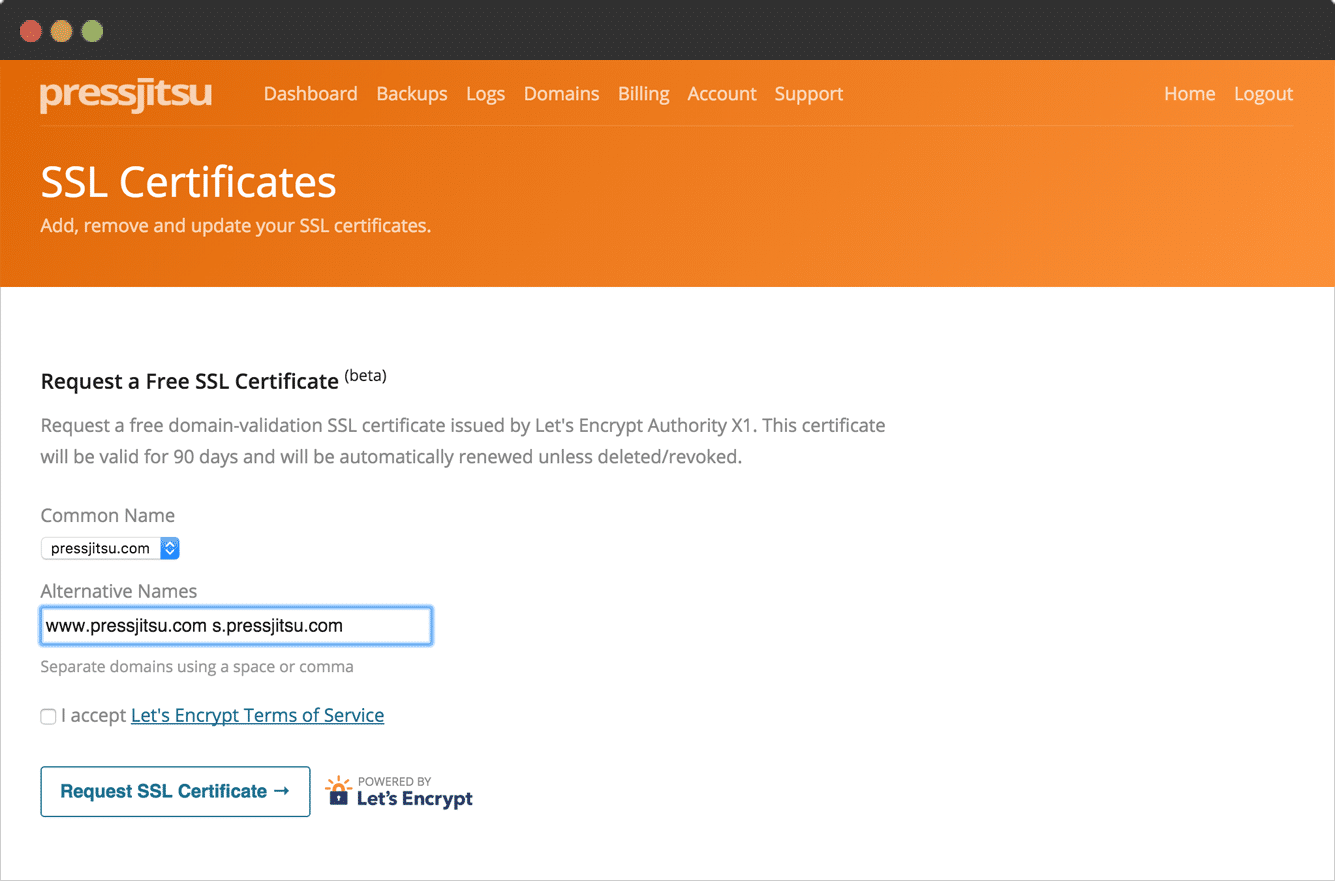 Pressjitsu Let's Encrypt request form